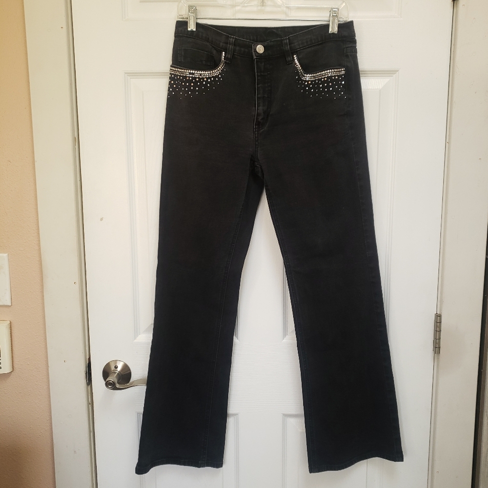 Christine Alexander Faded Black Boot Cut Western Rhinestone Jeans